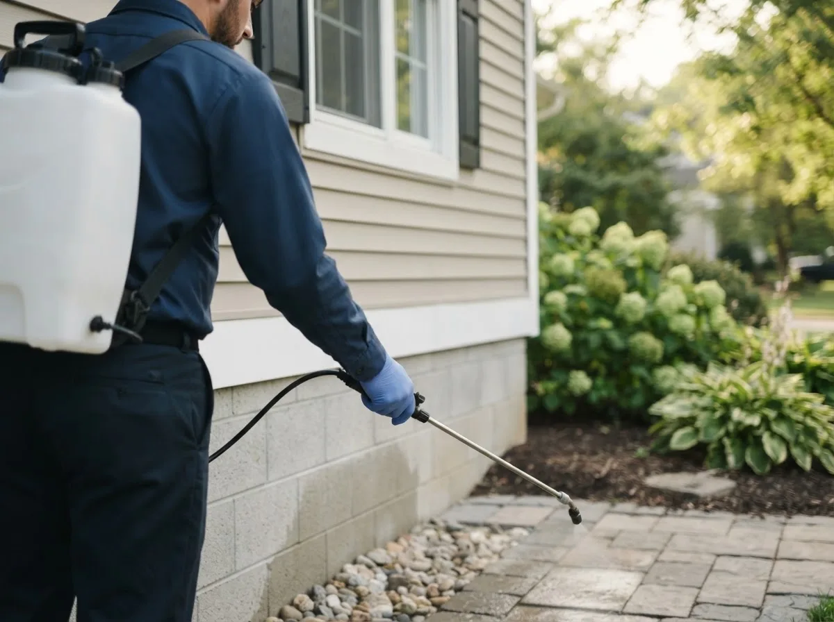 Pest control technician inspecting a home in Freeburg, MO